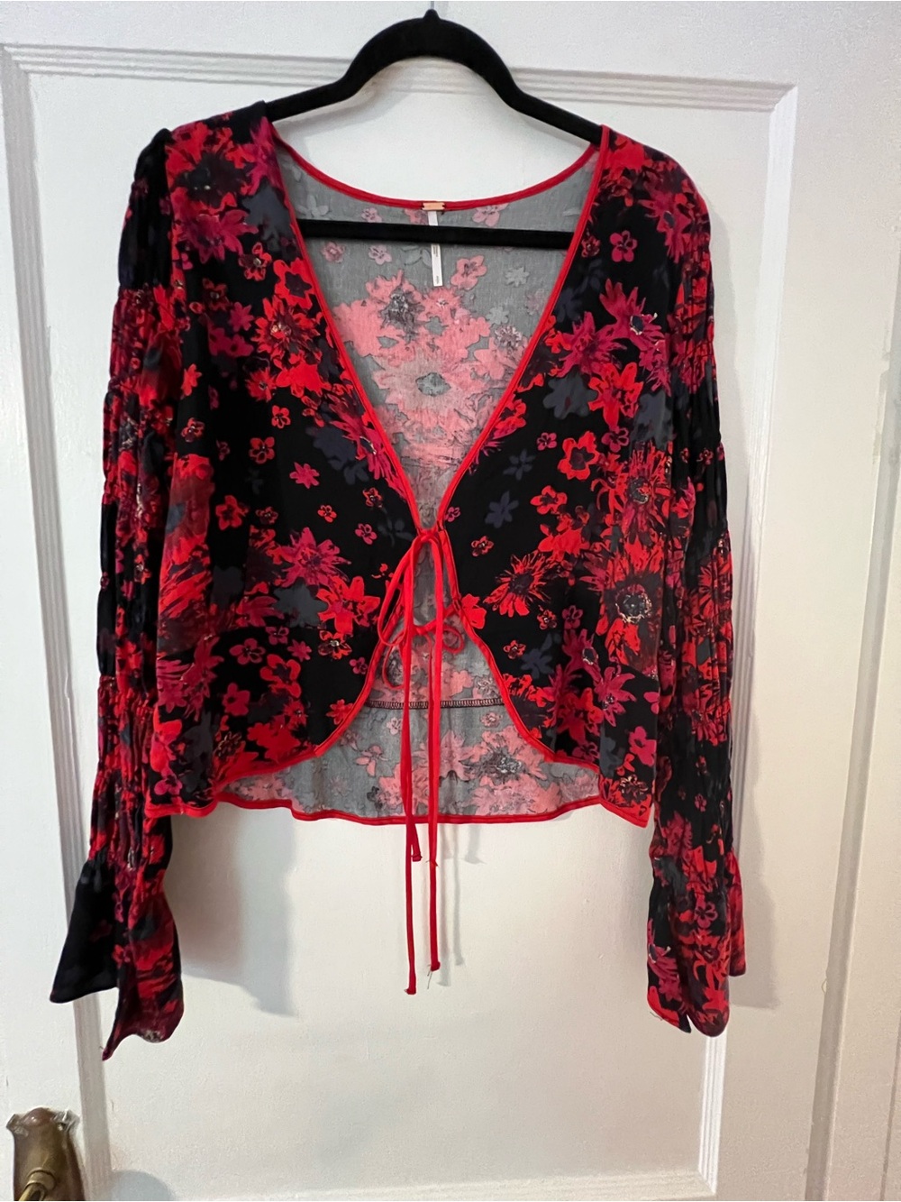 Free People Black and Red Floral Sheer Tie-Front Blouse